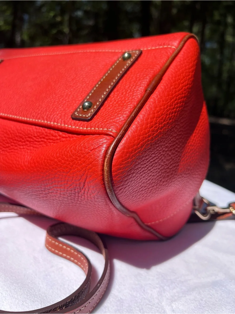 Orange Dooney & Bourke Pebbled Leather Satchel with Brown Trim